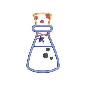 Puede incluir: Un vaso de precipitados de vidrio azul con un tapón de corcho, una estrella y puntos negros en el interior. El tapón de corcho es amarillo con lunares rojos.