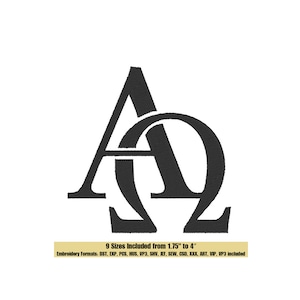 Puede incluir: Diseño de bordado en blanco y negro de las letras griegas Alfa y Omega, que a menudo se utilizan como símbolo del principio y el fin. El diseño está disponible en 9 tamaños, que van desde 1,75 pulgadas hasta 4 pulgadas. Los formatos de bordado incluidos son DST, EXP, PCS, HUS, VP3, SHV, JEF, SEW, CSD, XXX, ART, VIP y VP3.