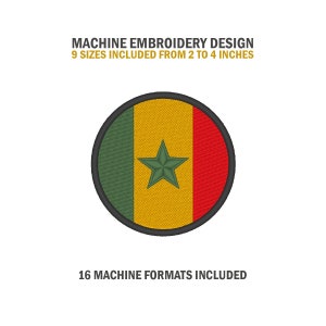May include: Machine embroidery design of the flag of Senegal. The flag is green, yellow, and red with a green five-pointed star in the center. The design includes 9 sizes from 2 to 4 inches and 16 machine formats.