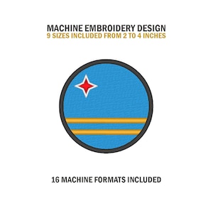 May include: Machine embroidery design of the flag of Aruba. The flag is blue with two yellow stripes and a red star in the upper left corner. The design includes 9 sizes from 2 to 4 inches and 16 machine formats.
