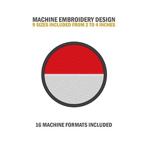 Op de afbeelding: Machine borduurontwerp van de Indonesische vlag in een cirkel. De vlag is rood en wit met een zwarte omtrek. Het ontwerp is verkrijgbaar in 9 maten van 2 tot 4 inch en 16 machineformaten.