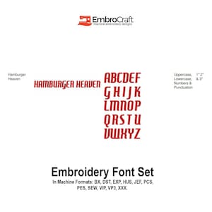 May include: Embroidery font set with the text "Hamburger Heaven" and the alphabet in uppercase letters. The font is red and has a bold, blocky style. The text "Embroidery Font Set" is also in red and is in a larger font size.