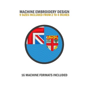 May include: Machine embroidery design of the Fijian flag, featuring a blue background with a red and white Union Jack in the upper left corner and the Fijian coat of arms in the lower right corner. The design is available in 9 sizes from 2 to 4 inches and 16 machine formats.