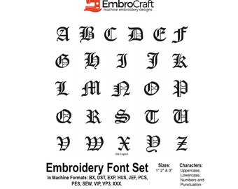 May include: Black and white embroidery font set in Old English style. The set includes uppercase and lowercase letters, numbers, and punctuation marks. The font is available in three sizes: 1 inch, 2 inches, and 3 inches. The font is available in a variety of machine embroidery formats, including BX, DST, EXP, HUS, JEF, PCS, PES, SEW, VIP, VP3, and XXX.