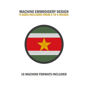 May include: Machine embroidery design of the flag of Suriname. The flag is a circle with a green, white, red, white, and green horizontal stripe pattern. A yellow five-pointed star is in the center of the red stripe. The design includes 9 sizes from 2 to 4 inches and 16 machine formats.