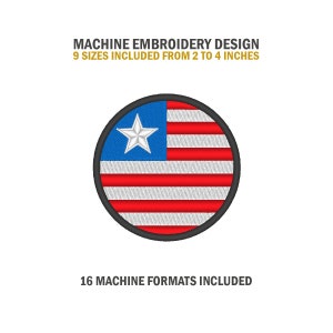 Può includere: Design di ricamo a macchina della bandiera liberiana. La bandiera è rossa, bianca e blu con una stella bianca nel cantone blu. Il design è disponibile in 9 dimensioni da 2 a 4 pollici e 16 formati di macchina.