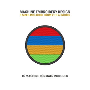 May include: Machine embroidery design of a circle with four horizontal stripes in red, blue, gold, and green. The design includes 9 sizes from 2 to 4 inches and 16 machine formats.