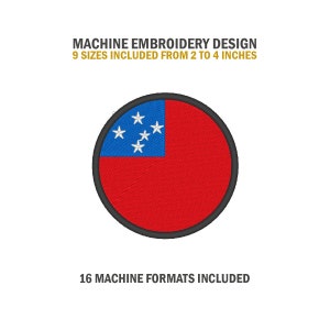 Könnte beinhalten: Maschinenstickdesign der Flagge von Samoa. Die Flagge ist ein rotes Feld mit einem blauen Dreieck am Mast, das fünf weiße fünfzackige Sterne enthält. Das Design ist in 9 Größen von 2 bis 4 Zoll und 16 Maschinenformaten erhältlich.
