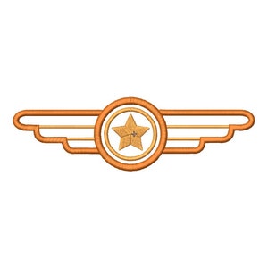 Puede incluir: Parche bordado naranja y dorado con una estrella en un círculo y alas a cada lado.