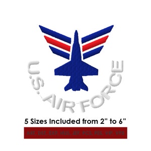 May include: Embroidered patch with a blue jet plane and white text that reads "U.S. AIR FORCE". The plane has red and blue wings. The patch is available in five sizes, from 2 inches to 6 inches.