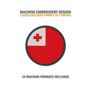 May include: Machine embroidery design of the flag of Tonga. The flag is a red field with a white rectangle in the upper hoist-side corner, with a red cross in the center of the rectangle. The design is available in 9 sizes from 2 to 4 inches and 16 machine formats.