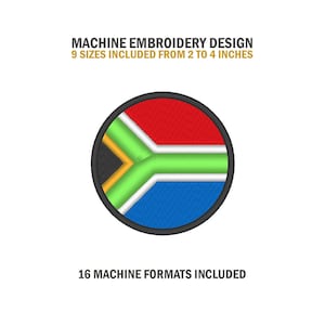 Puede incluir: Diseño de bordado a máquina de la bandera de Sudáfrica en un círculo. La bandera es roja, amarilla, verde, negra y azul. El diseño incluye 9 tamaños de 2 a 4 pulgadas y 16 formatos de máquina.