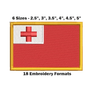 May include: Embroidered patch of the Tongan flag. The flag is red with a white cross and a white rectangle in the upper left corner. The patch is available in six sizes: 2.5 inches, 3 inches, 3.5 inches, 4 inches, 4.5 inches, and 5 inches. The text "18 Embroidery Formats" is below the patch.