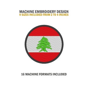 May include: Machine embroidery design of the flag of Lebanon. The flag is red, white, and green with a cedar tree in the center. The design is available in 9 sizes from 2 to 4 inches and 16 machine formats.