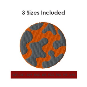 May include: Orange and gray embroidery design of a planet with a mottled surface. 3 Sizes Included: ART, DST, EXP, HUS, JEF, PCS, PES, VIP, VF3