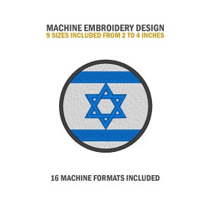 Puede incluir: Diseño de bordado a máquina de la bandera de Israel, una estrella de David azul sobre fondo blanco con dos franjas azules, en un círculo. 9 tamaños incluidos de 2 a 4 pulgadas. 16 formatos de máquina incluidos.