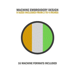 May include: Machine embroidery design of a circle with three vertical stripes in yellow, white, and green. The design includes 9 sizes from 2 to 4 inches and 16 machine formats.