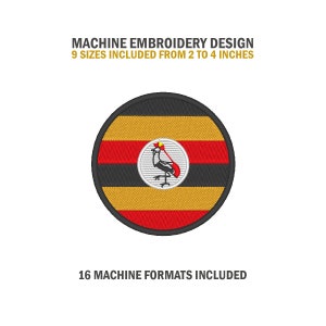 Könnte beinhalten: Maschinenstickdesign der Flagge von Uganda. Die Flagge ist ein Kreis mit einem Muster aus horizontalen gelben, schwarzen und roten Streifen. Ein weißer Kreis in der Mitte zeigt einen schwarzen Kranich mit rotem Schnabel und Kamm. Das Design umfasst 9 Größen von 2 bis 4 Zoll und 16 Maschinenformate.