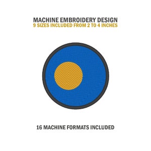 May include: Machine embroidery design of a blue circle with a yellow circle inside. The design includes 9 sizes from 2 to 4 inches and 16 machine formats.