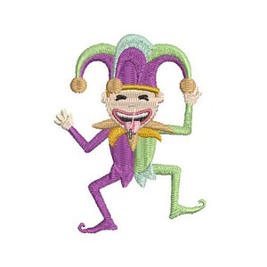 May include: A purple and green jester with a large smile and a long tongue sticking out. The jester is wearing a hat with bells and is in a playful pose.