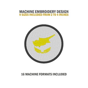 May include: Machine embroidery design of the flag of Cyprus. The design includes the yellow outline of the island of Cyprus and two olive branches. The design is available in 9 sizes from 2 to 4 inches and 16 machine formats.