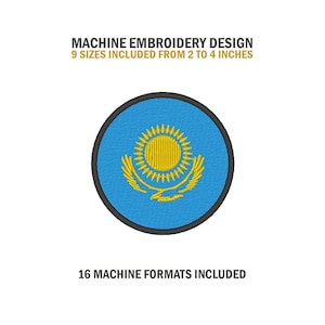 May include: A round machine embroidery design of the flag of Kazakhstan. The flag is blue with a golden sun and eagle design. The design is available in 9 sizes from 2 to 4 inches and 16 machine formats.