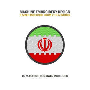 Pode incluir: Desenho de bordado à máquina circular com a bandeira iraniana, com faixas horizontais verdes, brancas e vermelhas e um emblema central. O desenho está disponível em 9 tamanhos, de 5,08 a 10,16 cm. Inclui 16 formatos de máquina.