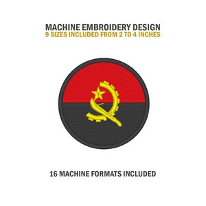 May include: Machine embroidery design of the flag of Angola. The flag is red, black, and yellow with a star and a gear. The design is available in 9 sizes from 2 to 4 inches and 16 machine formats.