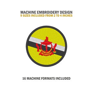 May include: A round machine embroidery design of the flag of Brunei. The flag is yellow with a black stripe and a white stripe. The flag has a red emblem in the center. The design is available in 9 sizes from 2 to 4 inches and 16 machine formats.