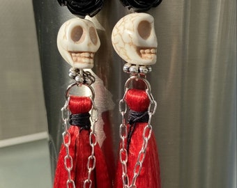 Red Hot Chili Pepper Sugar Skull Silver Clip On Earrings Day of Dead Halloween 