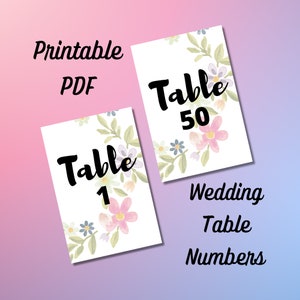 Pode incluir: Números de mesa de casamento imprimíveis com designs florais. Os números são pretos e as flores são rosa, azul e verde. O texto diz "Mesa 1" e "Mesa 50".