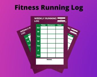 May include: A printable running log with a green and white grid to track weekly runs. The log includes columns for the day of the week, time, distance, and pace. The log is titled "Weekly Running Log".