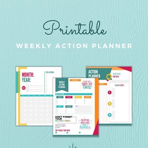 May include: Printable weekly action planner with three colorful pages. The pages include sections for goals, daily actions, and notes. The design incorporates teal, yellow, orange, and red colors. The phrase "Dream Big, Work Hard, Make it Happen" is also featured.