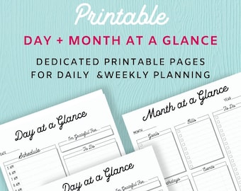 Month At A Glance + Day At A Glance Printable Planner Pages, Daily Schedule, Daily To Do List, Monthly Overview, PDF, Instant Download