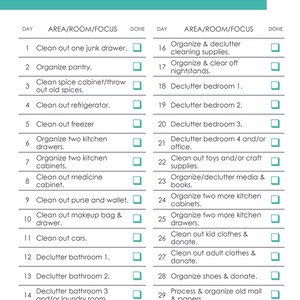 May include: A 30-day declutter challenge checklist with a green and white color scheme. The checklist includes daily tasks for decluttering different areas of the home, such as the kitchen, bedroom, bathroom, and office.