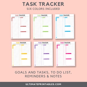 May include: Six printable task tracker pages in different colors: red, green, blue, yellow, purple, and pink. Each page has a section for goals and tasks, a to-do list, reminders, and notes. The text "TASK TRACKER" is at the top of each page.
