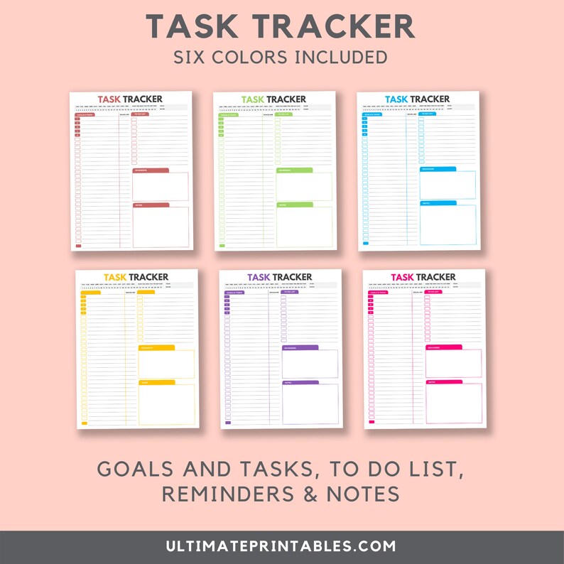 May include: Six printable task tracker pages in different colors: red, green, blue, yellow, purple, and pink. Each page has a section for goals and tasks, a to-do list, reminders, and notes. The text "TASK TRACKER" is at the top of each page.
