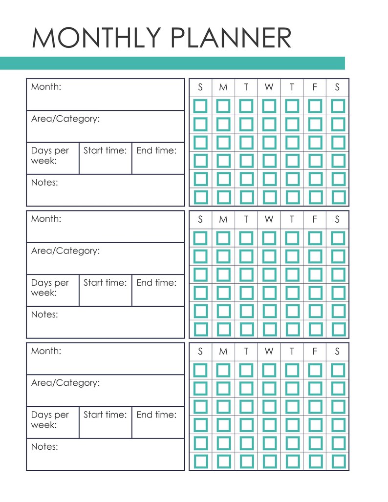 May include: A printable monthly planner with three sections for scheduling. Each section has fields for month, area or category, days per week, start time, end time, and notes. Each section also has a grid for scheduling with days of the week labeled S, M, T, W, T, F, S.