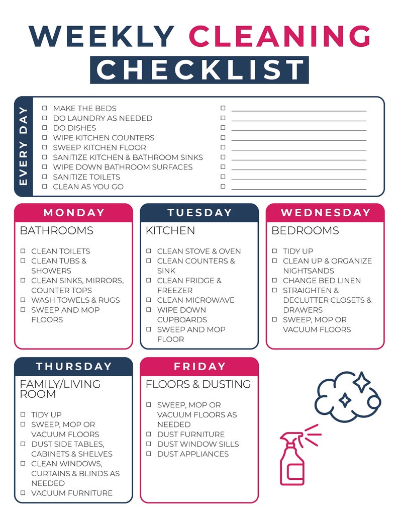 Weekly cleaning schedule, printable cleaning checklist, cleaning planner, house cleaning schedule, cleaning list, home cleaning image 2