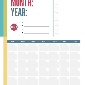 May include: A white monthly planner with a calendar grid, top actions checklist, and space for goals. The planner has text that reads "Month: Year:" and "Top Actions:" in a modern font. The word "Goals" is in a red circle.
