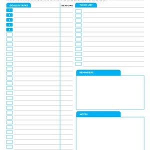 May include: A printable task tracker with a blue header and a white background. The tracker includes sections for goals and tasks, deadlines, to-do list, reminders, and notes.