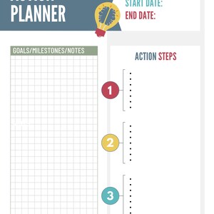 May include: An action planner with the title "ACTION PLANNER" in large, bold letters. The planner includes sections for goals, milestones, notes, and action steps. A lightbulb graphic with a brain inside is featured at the top. The planner has a grid for notes and numbered steps.
