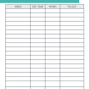 May include: A black and white printable decluttering planner with the title "Decluttering Planner" at the top. The planner has columns labeled "Area", "Est. Time", "When", and "To-Do".