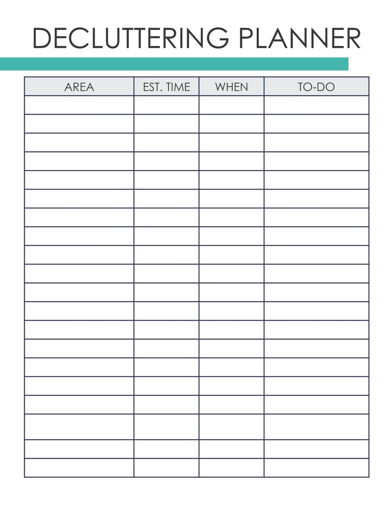 May include: A black and white printable decluttering planner with the title "Decluttering Planner" at the top. The planner has columns labeled "Area", "Est. Time", "When", and "To-Do".