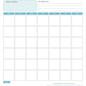 May include: A printable goal tracker with a monthly calendar, a section for top three goals, and a notes section. The calendar is divided into days of the week, with a separate column for each month. The top three goals section has space for three goals, and the notes section has a dotted grid.