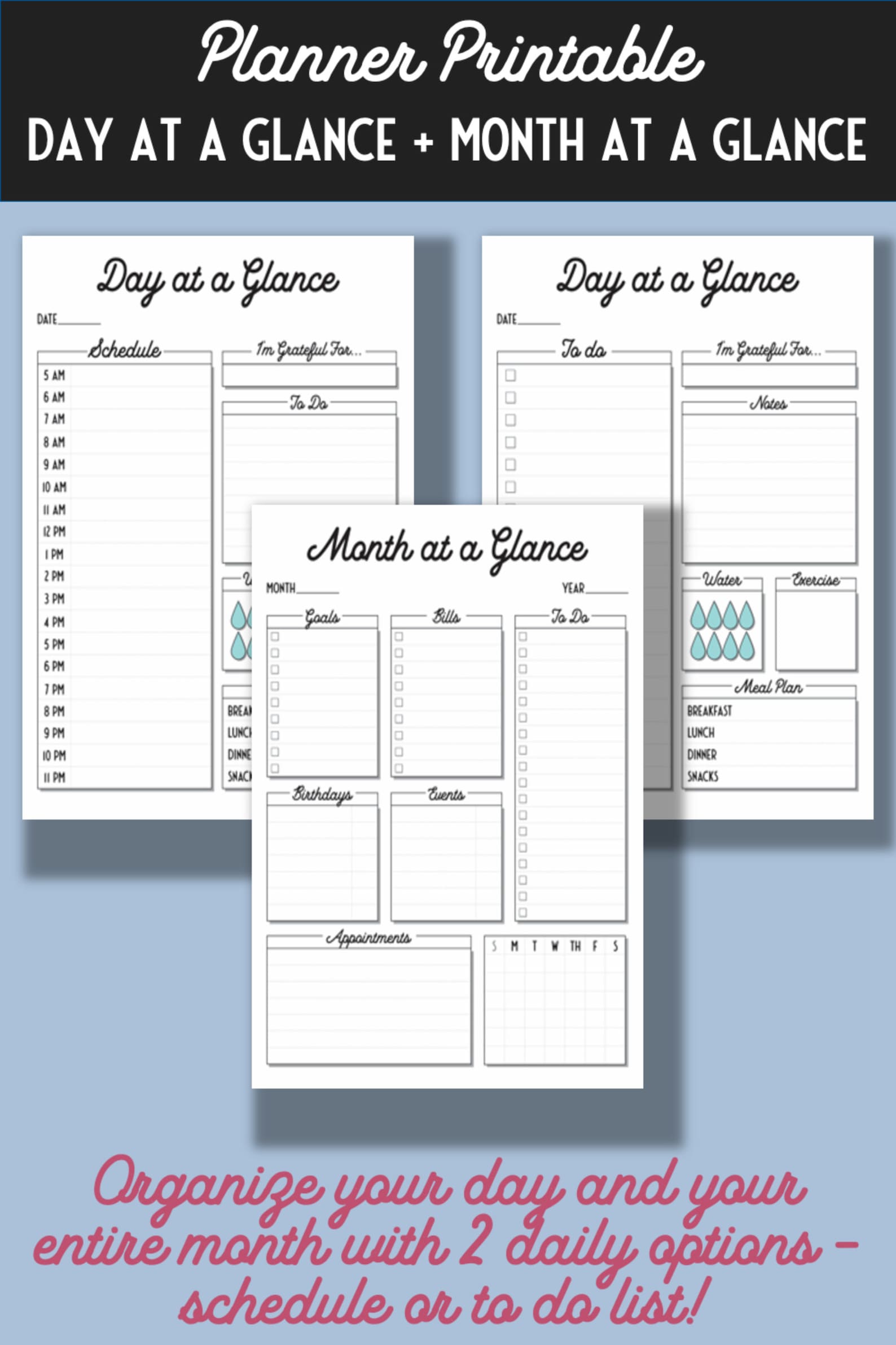 Month at A Glance Day at A Glance Printable Planner Pages, Daily