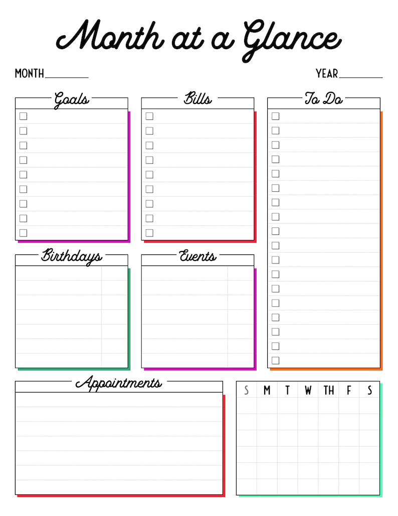 Month at A Glance + Day at A Glance Printable Planner Pages, Daily ...