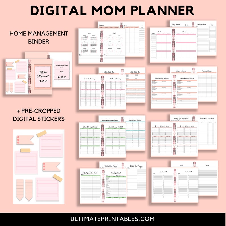 Undated Digital Mom Planner Digital Stickers Digital Home Management Binder Goodnotes Planner Notability Planner image 2