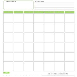 May include: A printable goal tracker with a green and white color scheme. The tracker includes a monthly summary section, a section for top three goals, a calendar grid, a notes section, and a reminders and appointments section.