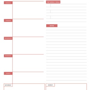 May include: A printable goal planner with a red and white color scheme. The planner includes sections for weekly goals, notes, and daily tasks. The days of the week are listed on the left side of the page, and the months of the year are listed at the top.